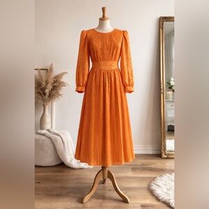 Vintage J. Ellis Limited Pleated Midi Dress Orange Long Sleeve Retro 70s Style